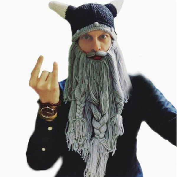 

halloween funny handmade hat long beard viking hat woolen mustache horn cap