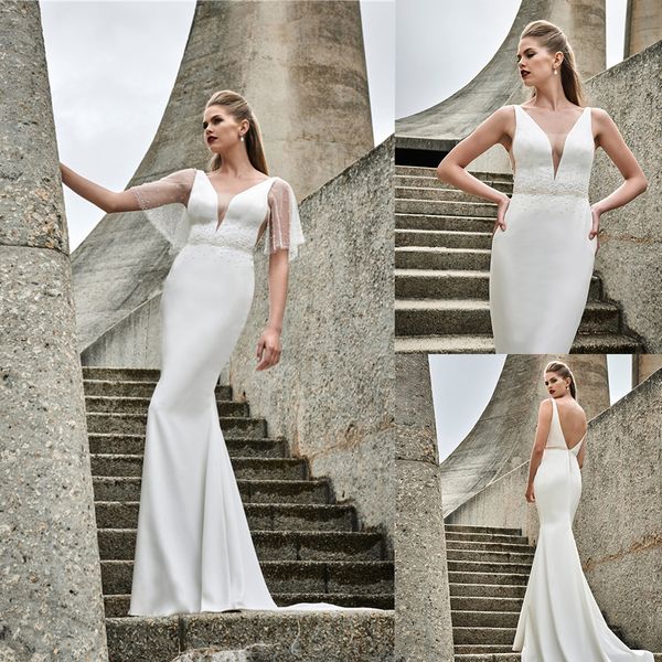 

elbeth gillis 2021 wedding dresses deep v neck lace satin beads bridal gowns custom made backless sweep train mermaid robe de soiree, White
