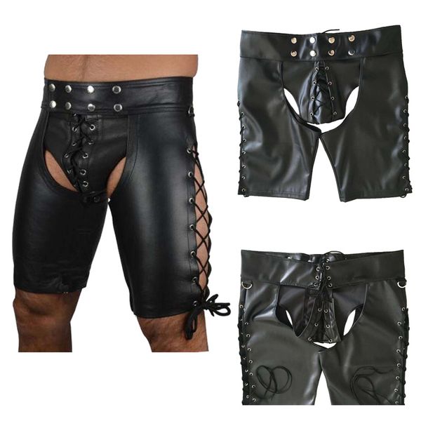 

gay fetish men underwear faux leather lace up pants open butt shorts wet-look bondage open cortch shorts gothic gay men night clubwear, Black;white