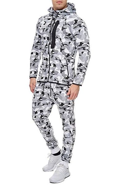 

men's tracksuit set camouflage sweatshirt jogger sweatpants solid patchwork warm sports suit, Gray