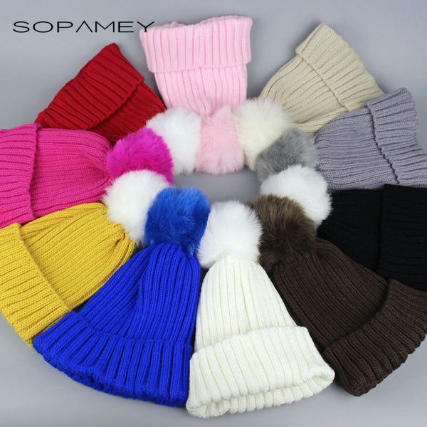

children baby winter hat skullies winter faux fur hat pompom beanies for kids child 2017 fashion stripe warm ski cap bone