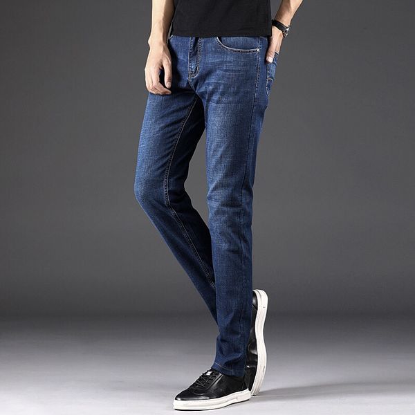 

fashion summer man business stretch denim pants solid slim fit men casual long male pencil jeans straight cow trouser plus size, Blue