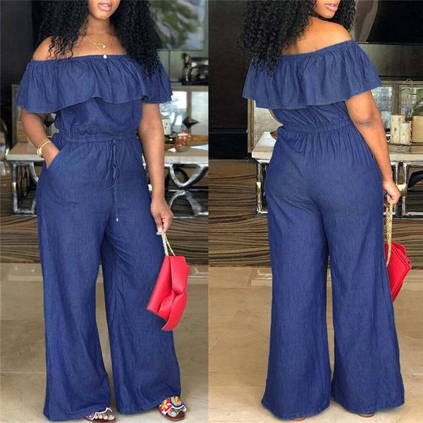

blue flounce foldover wide leg jumpsuit women solid off shoulder casual jumpsuits, Black;white