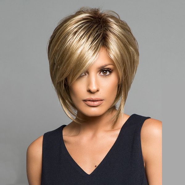 

women's short wig oblique bangs brown gold gradation mix color with high-grade rose intranet 25 cm long, Black