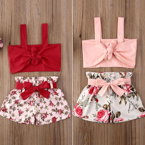 Completi di abbigliamento per bambini Completi floreali per ragazze Completi estivi per bretelle con nodo estivo + Fiocco Stampa floreale Corto 2 pezzi / set Vestiti per neonati M1755