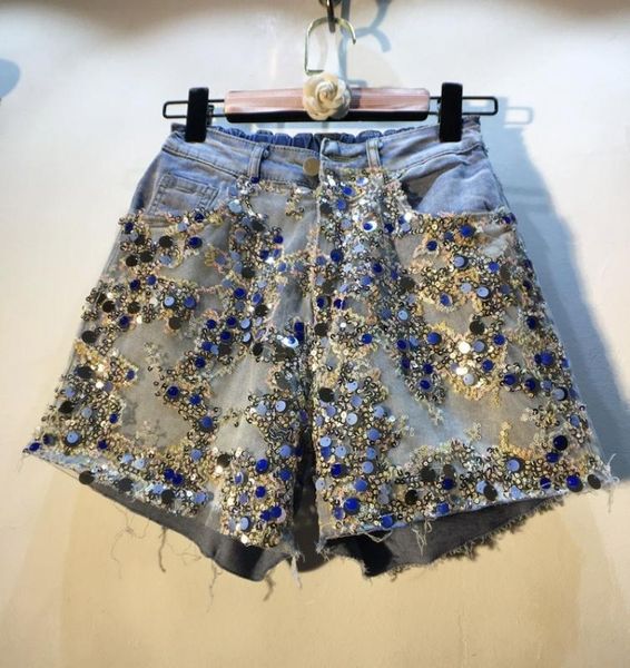 

european style jeans shorts woman 2020 summer new splicing sequins mesh high waist slimming wide-leg denim shorts pants, Blue
