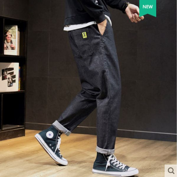 

black jeans are loose elastic straight leisure haroun pants men's cargo pants, Blue