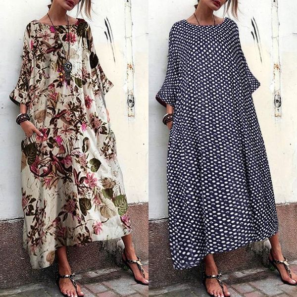 

vintage printed maxi dress women's casual sundress zanzea 2019 vintage 3/4 sleeve vestido female floral party robe oversized 5xl, Black;gray