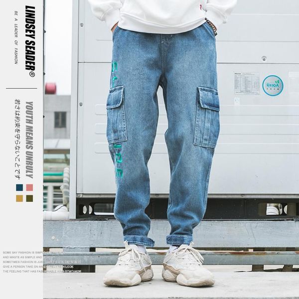 

lindsey seader hiphop denim cargo pants jeans pockets men harajuku streetwear joggers pant jeans embroidery pants harem trousers, Blue
