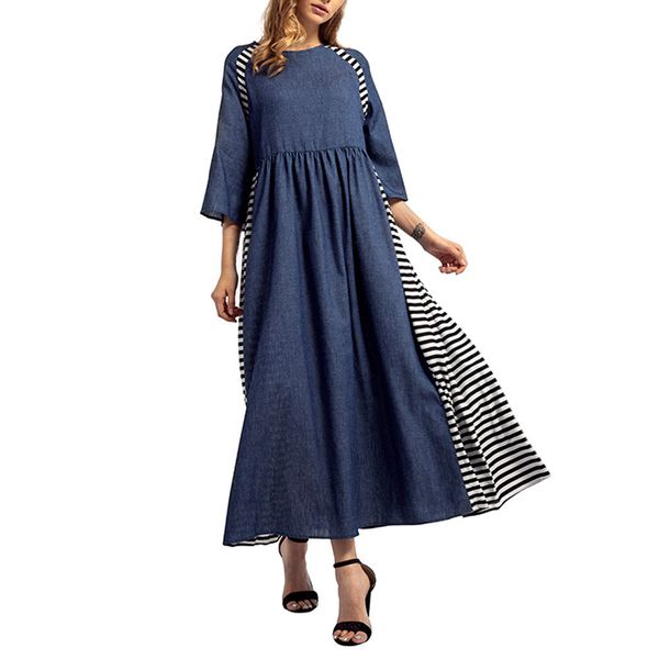 

women striped denim long dress islamic muslim middle east maxi robe dresses abayas for women hijab dress c30118, Red