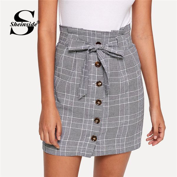

sheinside grey women mini skirts summer pencil skirt female button up knot front plaid skirts womens clothing ladies short skirt, Black
