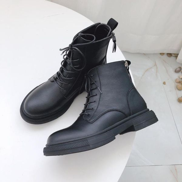 

flat heel zipper women's leather boots lace up booties ladies low heels booties round toe shoes genuine mid calf mid-calf rubber, Black