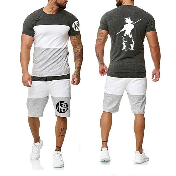 

new 2020 men's short sleeve anime goku casual splice men's t-shirt+pants suit 2pcs k