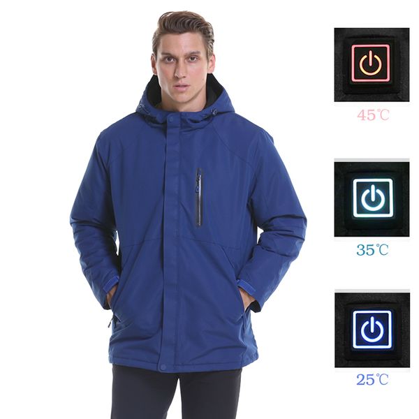 

men women usb heated jacket plus size waterproof electric jacket men down heating hooded electric thermal hiking coat, Blue;black