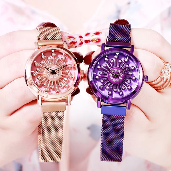 

new women magnet watch lucky creative flower watch luxury diamond ladies quartz wristwatches quartz waterproof clock reloj mujer, Slivery;brown