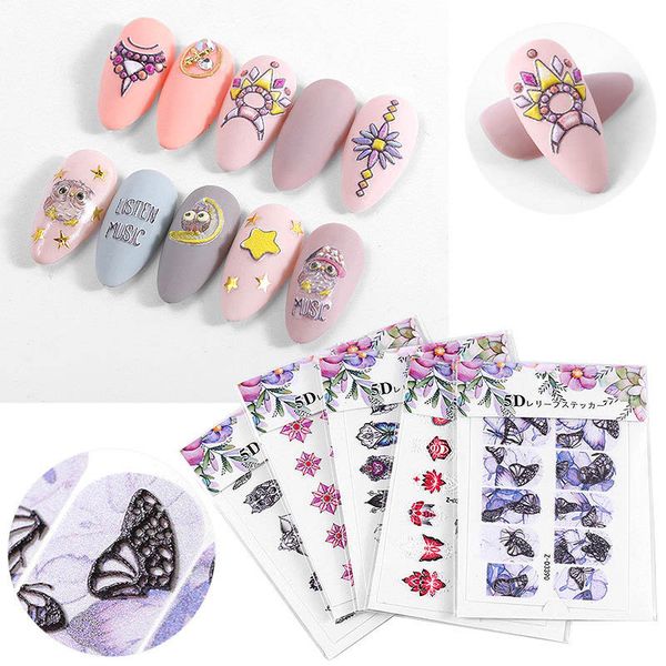 

3d acrylic engraved flower nail sticker embossed lace flower cute cat water decals empaistic nail water slide decals, Black