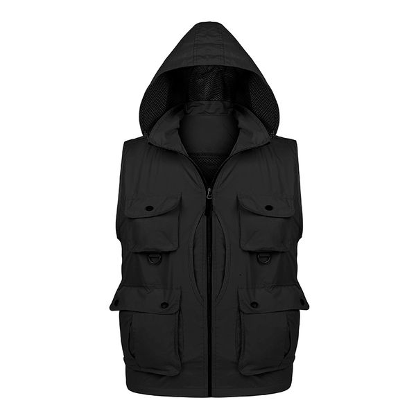 

mens pgraphy vest hooded outdoor waistcoat multi pockets gilet, Gray;blue