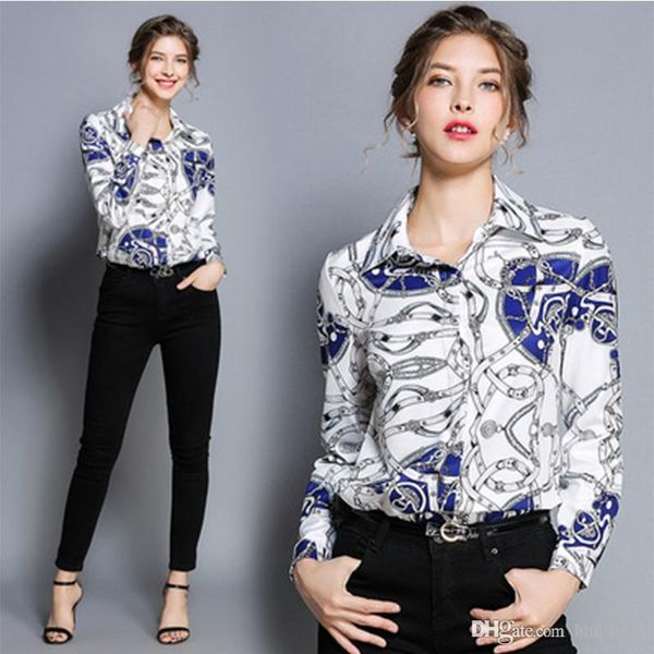 

women's shirt casual hepburn wind summer fashion shirt print polo collar print slim long sleeve joker long sleeve button shirt e18, White