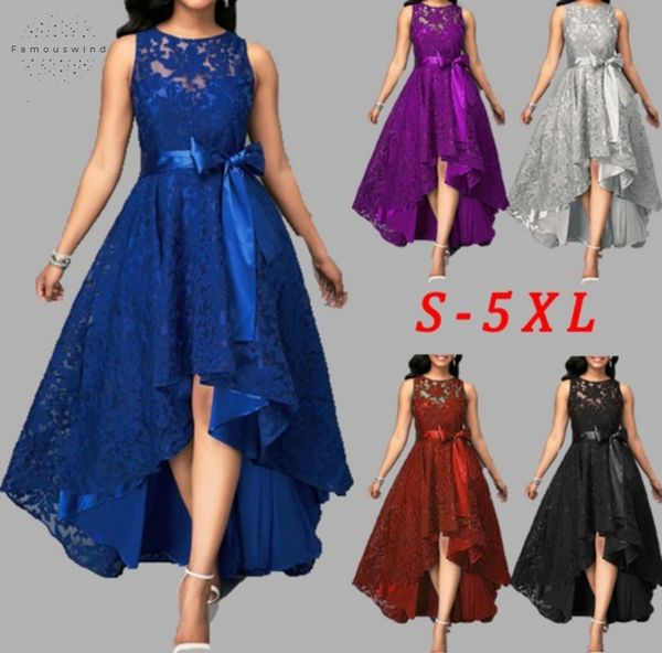 

5 colors party dresses plus size 5xl womens lace joineles high low irregular women dress round neck belts vestidos, Black;gray