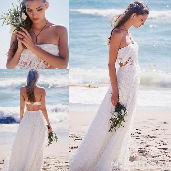 2019 romantique deux pièces bohème blanc dentelle robe de mariée sans bretelles longue été plage robe de mariée grande taille sur mesure