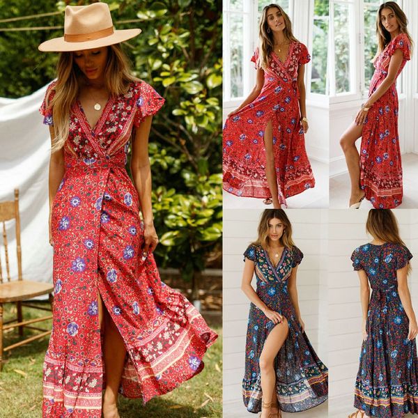 

женщины цветочной одежда с коротким рукавом vintage boho maxi длинных сплит платье платье, Black;gray