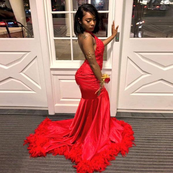 

red mermaid prom dresses new backless halter feather lace appliqued evening gowns party dress vestidos de la celebridad, White;black