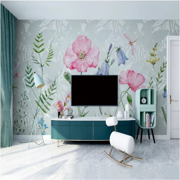 

nordic simple fresh hand-painted floral plants background mural wallpaper 3d living room bedroom wall paper 3d papel de parede