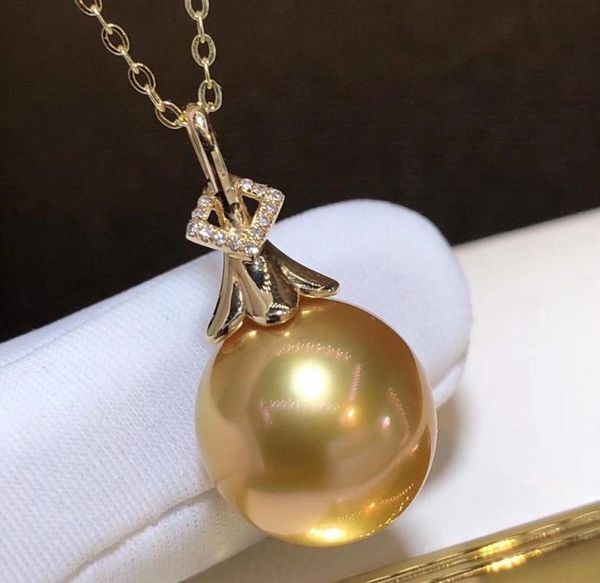 

d401 pearl pendant fine jewelry solid 18k gold natural diamonds and 13-14mm ocean sea water rond golden pearl pendants necklaces, Silver