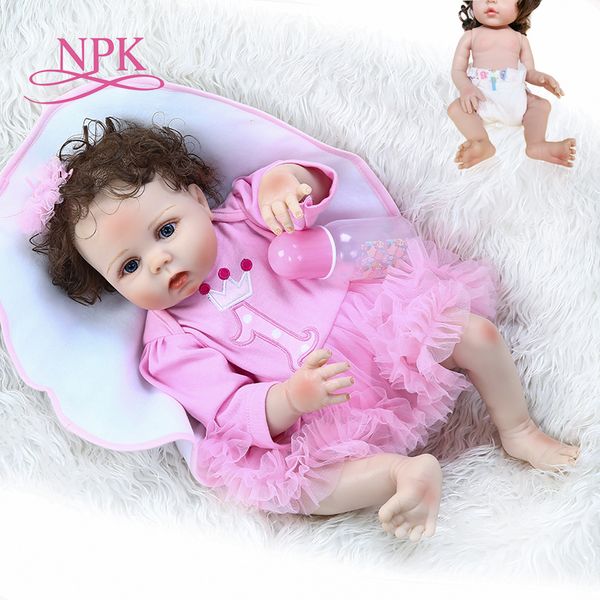 

new 56cm new full body slicone waterproof soft real flexible touch reborn baby girl bebe doll reborn bath toy hand rooted curly fiber