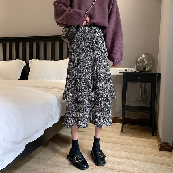 

2019 summer ruffle long print skirt women high waist maxi skirt ladies slim ruffle office work skirts, Black