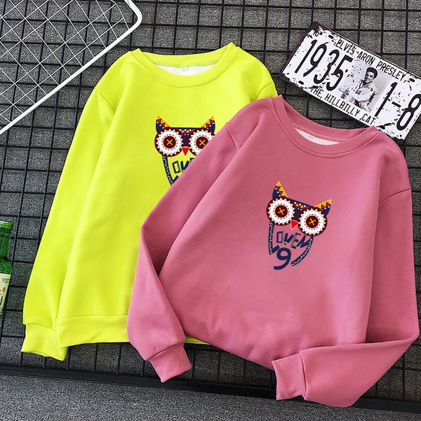 

harjuku owls printed cute hoodies female long sleeve o-neck autumn winter femme fleece sweatshirt moletom feminino, Black