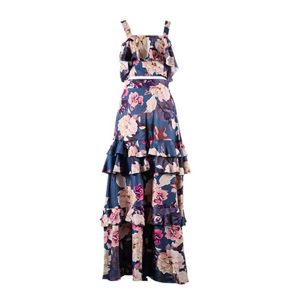 

лето boho два piece set sexy юбка set crop top maxi long юбка цветочной printed сборка высокой талия вскользь двухкусочный, White
