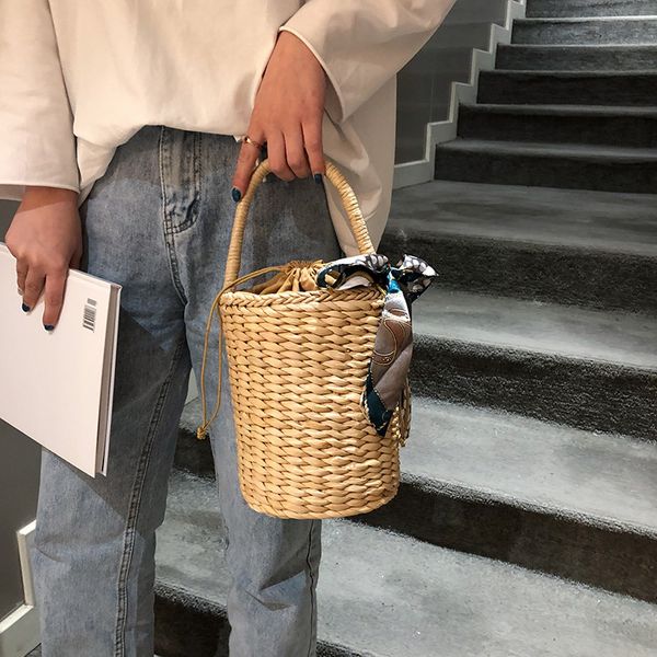 

small ladies 2019 new fashion beach crossbody bags women's straw bucket bag scarf tote bag simple handbag female messenger