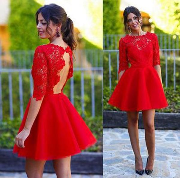 

new arrival a-line red lace half sleeve short prom homecoming formal party evening dresses open back custom, Black;red