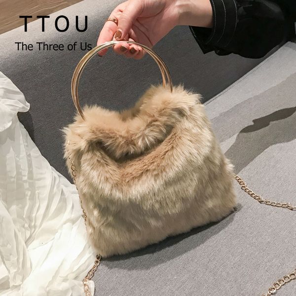 

ttou elegant women faux fur mini shoulder bag metal circle handle bag plush warm small crossbody tote lady purses handbags
