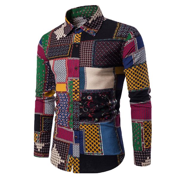

wholesale-men digital print long sleeve turndown collar button down shirt top, White;black