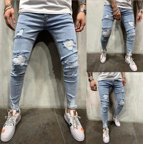 

new jeans men spring men clothes denim pants male distressed slim fit casual trousers stretch ripped jeans, Blue