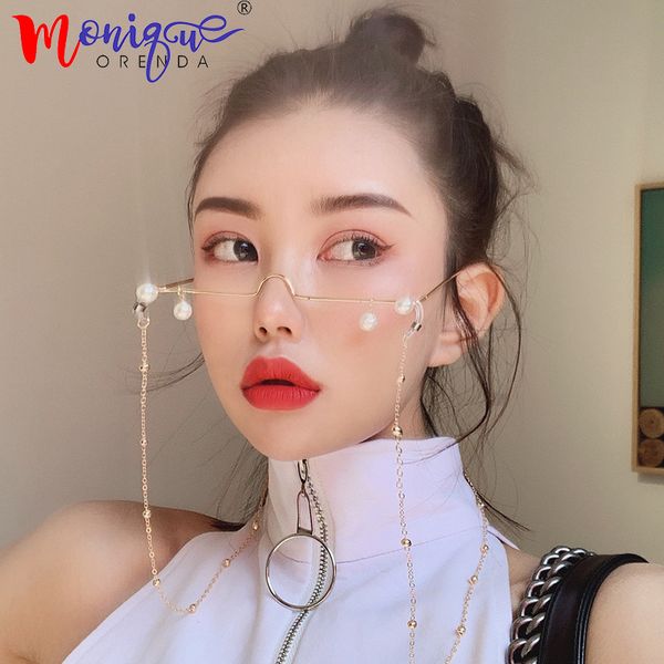 

fashion glasses women female vintage no lense glasses elegant eyeglasses frame half frame pearl chain spectacle unisex, Black