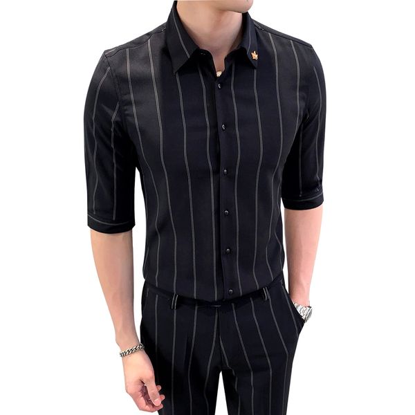 

striped short sleeve shirt men suit business tuxedos slim fit 2020 trend handsome cropped pant 2 piece set costume business suit, White;black