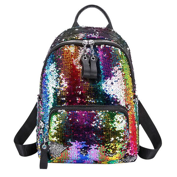 

women pu leather panelled zipper backpack sequin hit color school bag backpack student satchel travel shoulder bag#yl