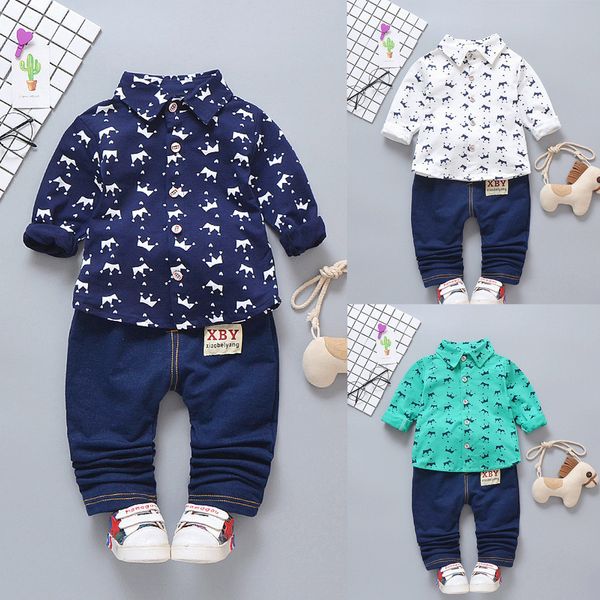 

muqgew kids baby boy clothes set long sleeve crown pattern shirt + denim pants set children's clothing, White