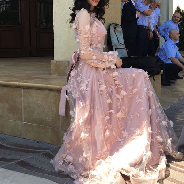 

princess pink long sleeves 3d- applique formal evening dresses long elegant formal party dress prom gowns vestido longo, Black