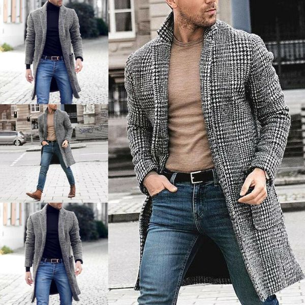 

men's british casual wool trench jacket outwear long overcoat coat winter warm blends, Black