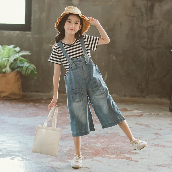 

children suit girls summer outfits fashion striped t-shirt + denim wide leg pants two-piece kids clothing sets 8 10 12 14 years, White