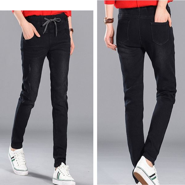 

2020 winter jeans female high waist denim pants warm trousers slim thick stretch fleece pencil plus size loose jeans for women, Blue