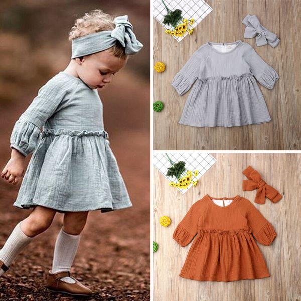 

n ew summer 2pcs newborn toddler kids baby girls long sleeve cotton linen dress casual solid loose dresses, Red;yellow