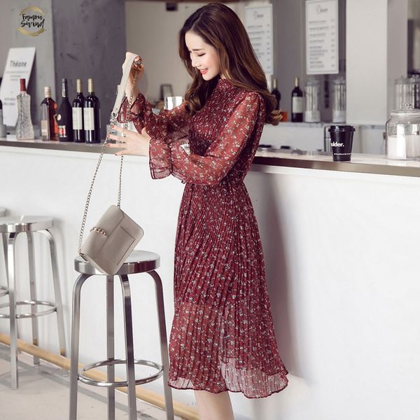 

summer spring new women elegant printed floral chiffon dress long sleeve fashion casual lady long bohemian pleated dress female, Black;gray