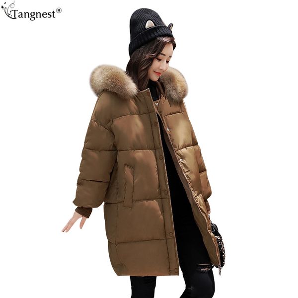 

tangnest 2017 new hooded winter jackets larger fur collar women coats female cotton padded long parkas ladies snowwear wwm1640, Black