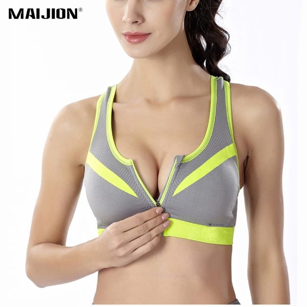 

maijion professional zipper shockproof sports bras for women , padded push up tank fitness running gym yoga vest bras, White;black