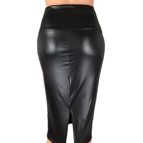 

women pu leather pencil skirt fashion women high waist solid bodycon skirts back split package hip skirt female casual jupe, Black
